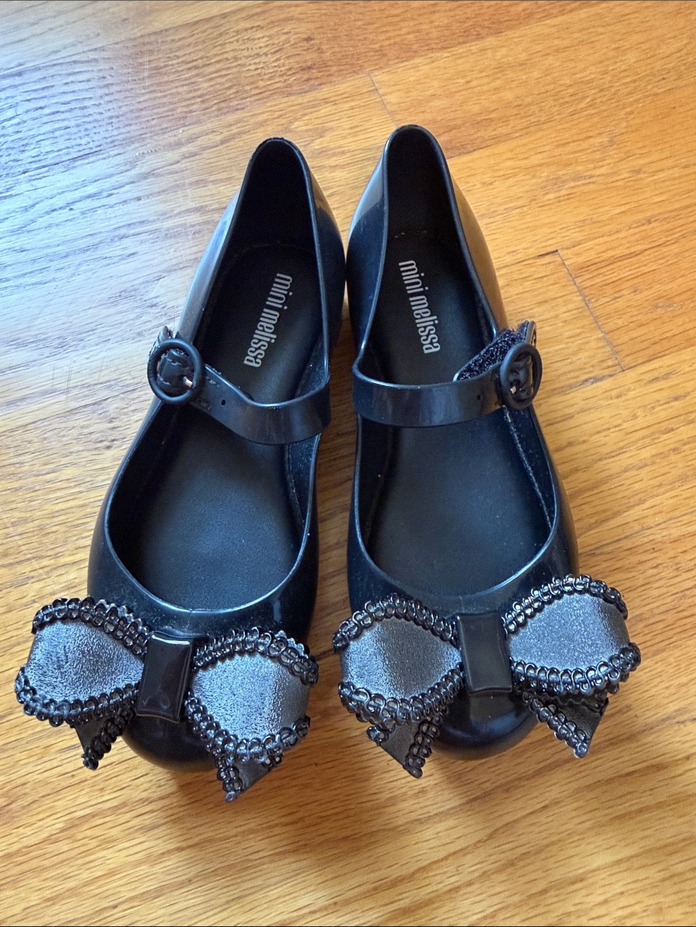 Mini Melissa Black Mary Jane Flats with Beaded Bow
